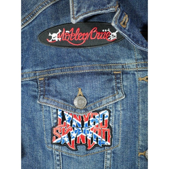 Eddie Bauer Denim Jean Jacket Patches Women XL Biker Bike Week Bands Beer - Picture 10 of 16